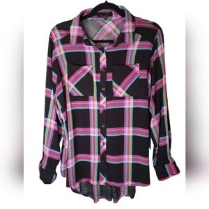 Miss Lili Womens Plaid Button Front Shirt Onyx Magenta Blouse Size 1X